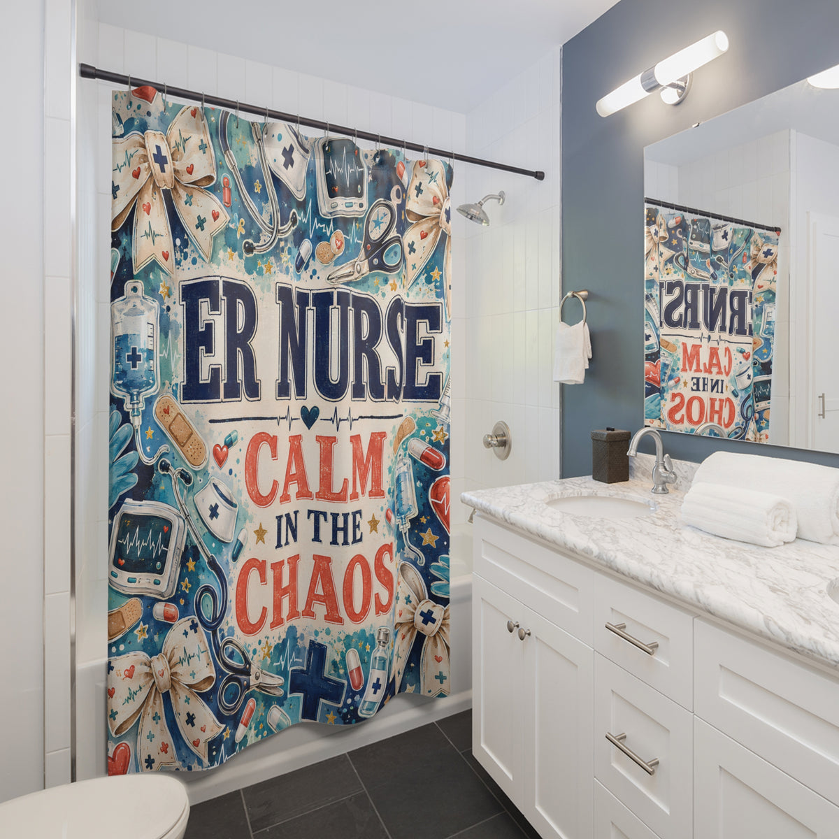 ER Nurse Shower Curtain — "Calm in the Chaos" Hospital Medical Bathroom Decor