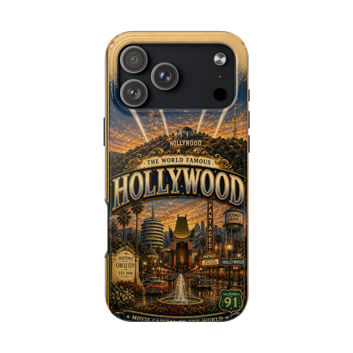 Hollywood Faux Patchwork Phone Case – Vintage Night Lights Retro Cinema Street Scene Old Hollywood Glam Cover