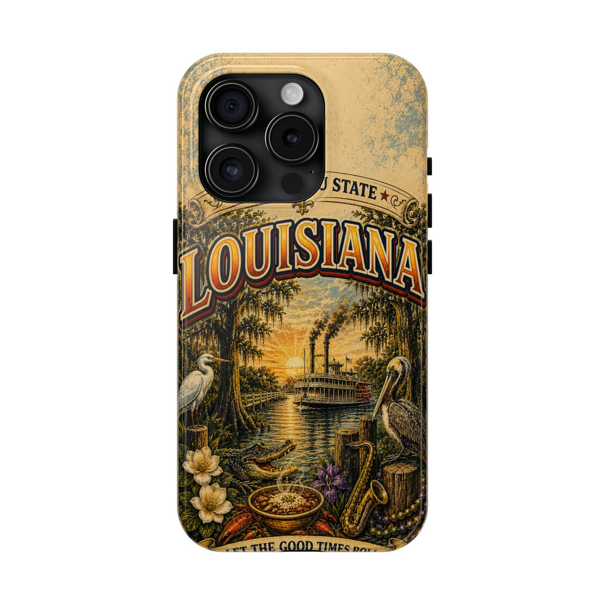 Louisiana Bayou State Faux Patchwork Phone Case – Vintage Travel Poster Style Louisiana Souvenir Cover for iPhone & Samsung
