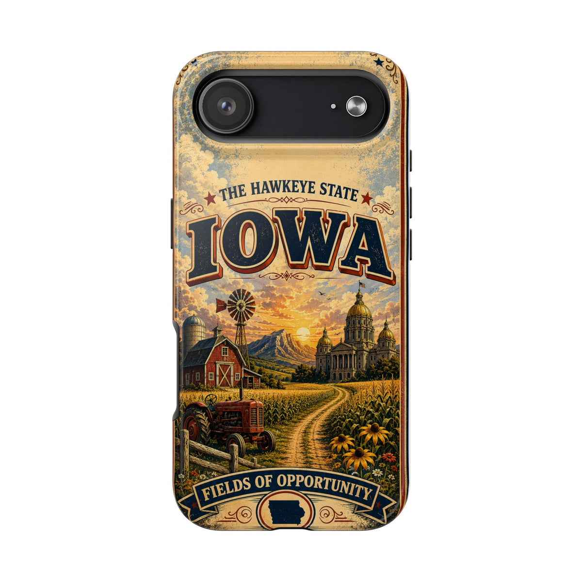 Iowa Hawkeye State Faux Patchwork Phone Case – Vintage Travel Poster Style Iowa Souvenir Cover for iPhone & Samsung