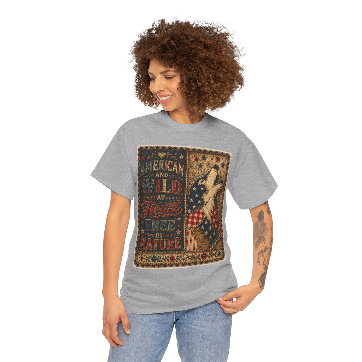 Patriotic Retro Tee – "American and Wild at Heart, Free by Nature" Flag Silhouette Shirt