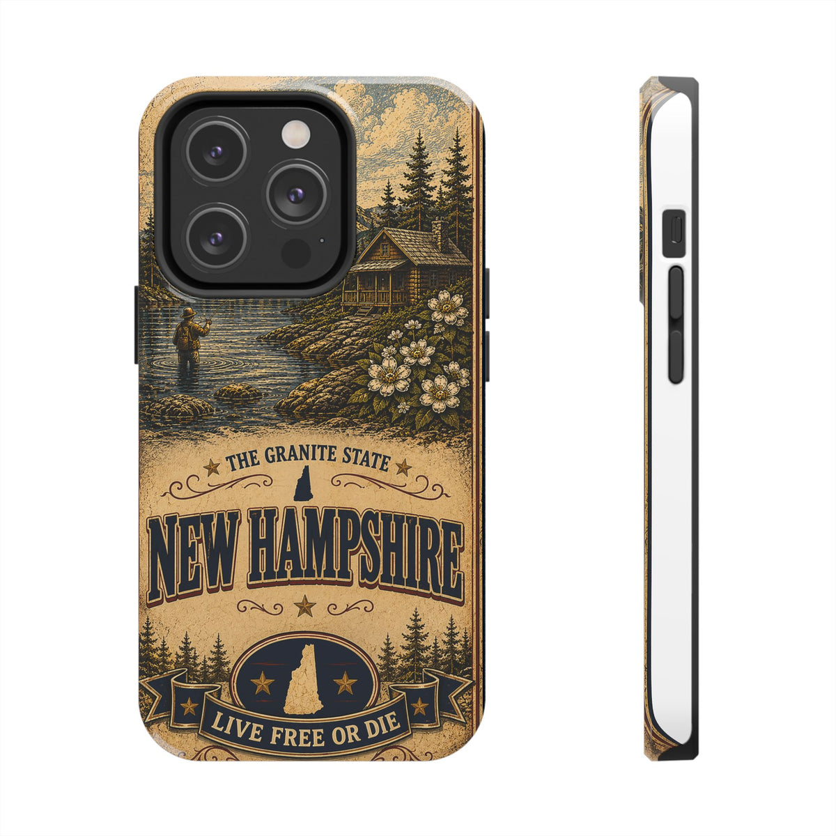 New Hampshire Faux Patchwork Phone Case Live Free or Die Granite State Vintage Travel Poster iPhone 17 Samsung S26 Cover