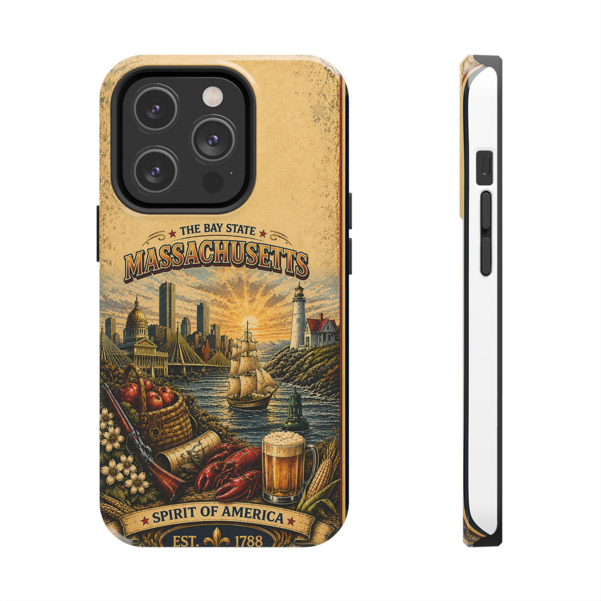 Massachusetts Bay State Faux Patchwork Phone Case – Vintage Travel Poster Style New England Souvenir Cover for iPhone & Samsung
