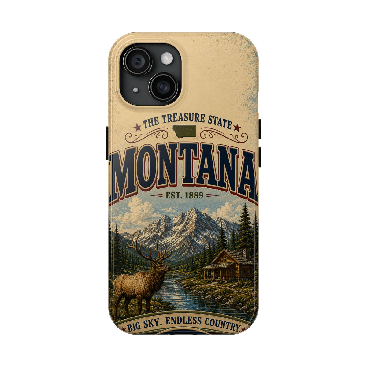 Montana Big Sky Country Faux Patchwork Phone Case – Vintage Travel Poster Scenic Mountain Design for iPhone & Samsung