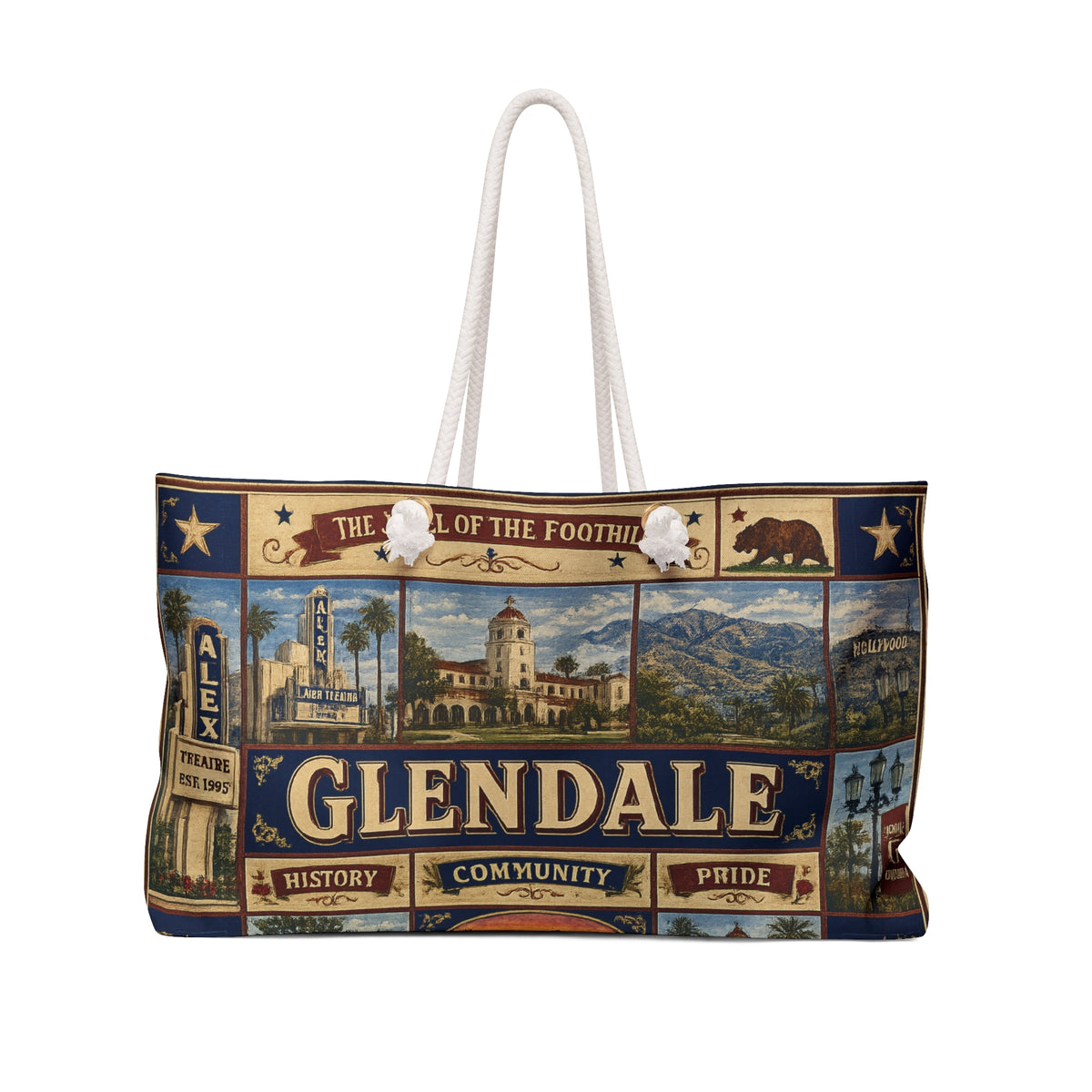 Glendale California Weekender Bag Jewel of the Foothills Faux Patchwork Travel Tote Alex Theatre Heritage Gift