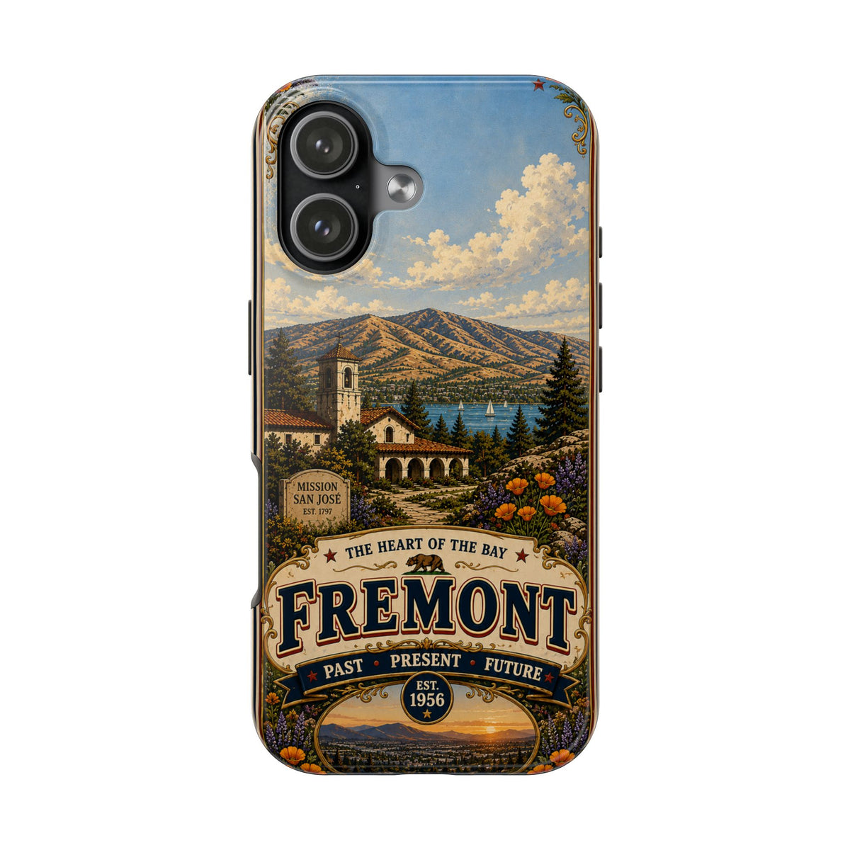Fremont California Faux Patchwork Phone Case – Heart of the Bay Retro Travel Art, Mission San José Landmark Cover