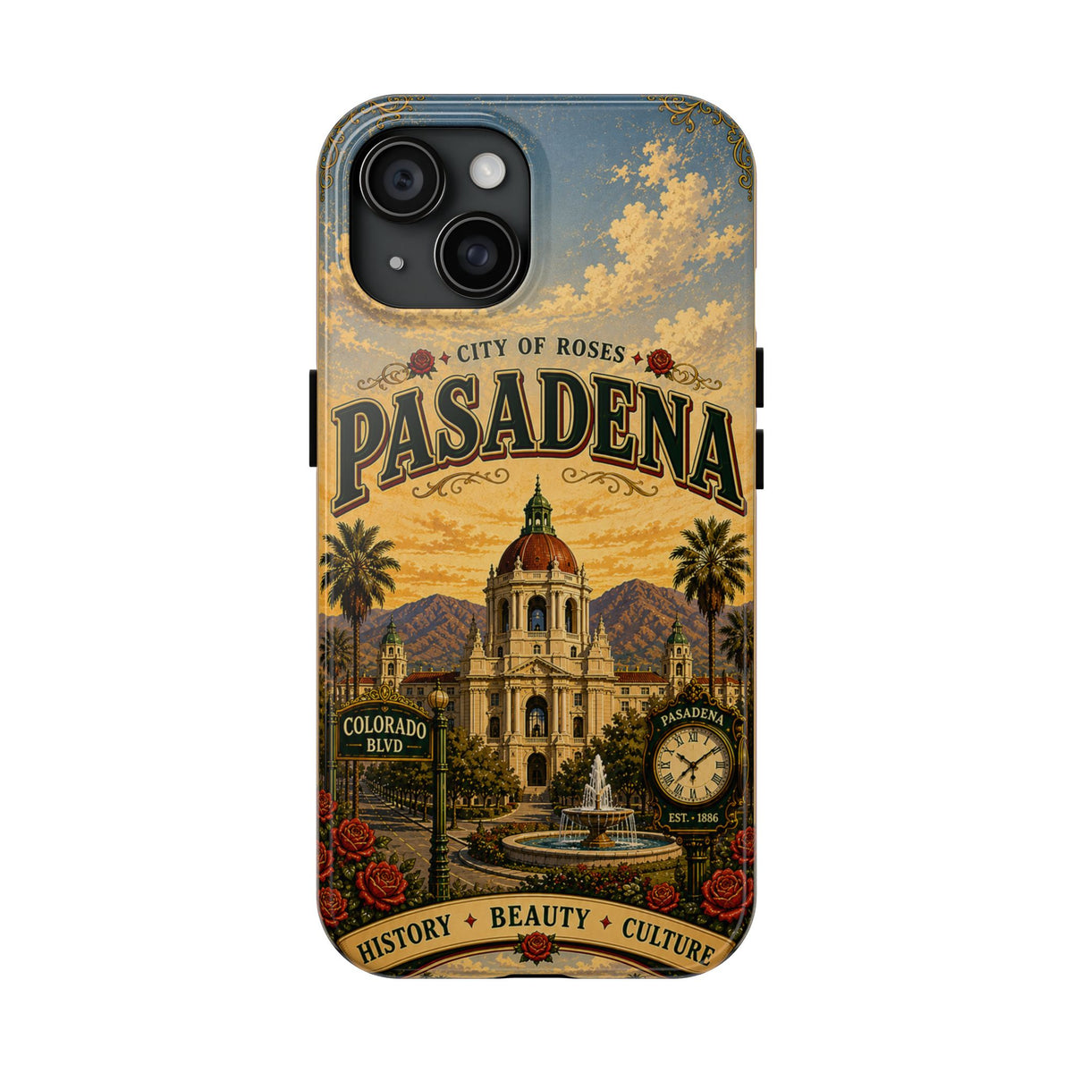 Pasadena City of Roses Faux Patchwork Phone Case – Vintage California Landmark Travel Art Cover