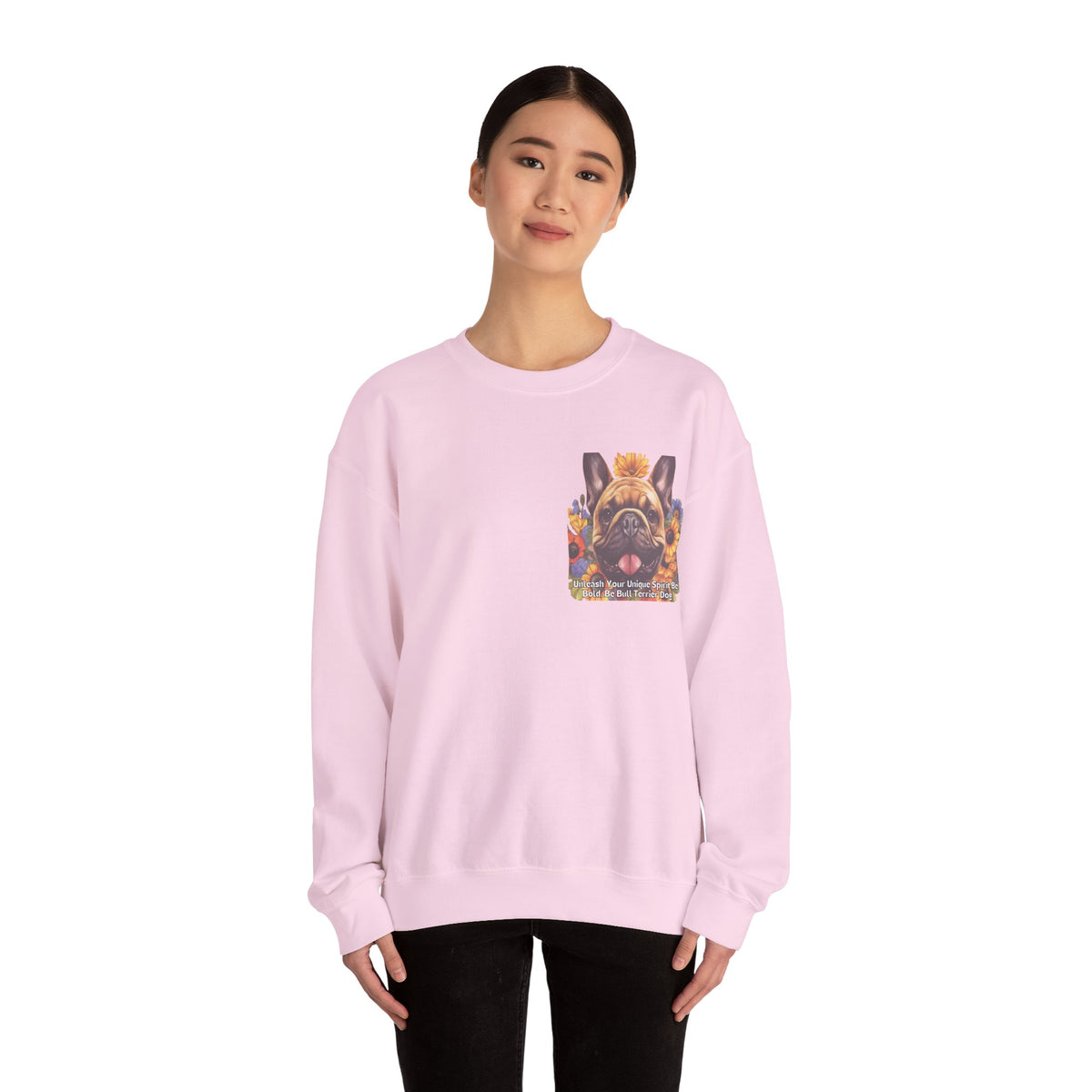 Copy of Bull Terrier Sunflower Sweatshirt – 'Unleash Your Unique Spirit' Front & Back Design