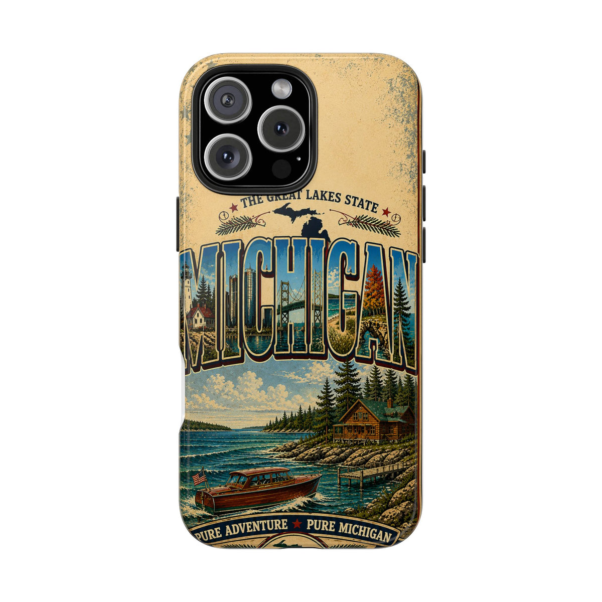 Michigan Great Lakes Faux Patchwork Phone Case – Vintage Travel Poster Style Michigan State Pride Cover for iPhone & Samsung
