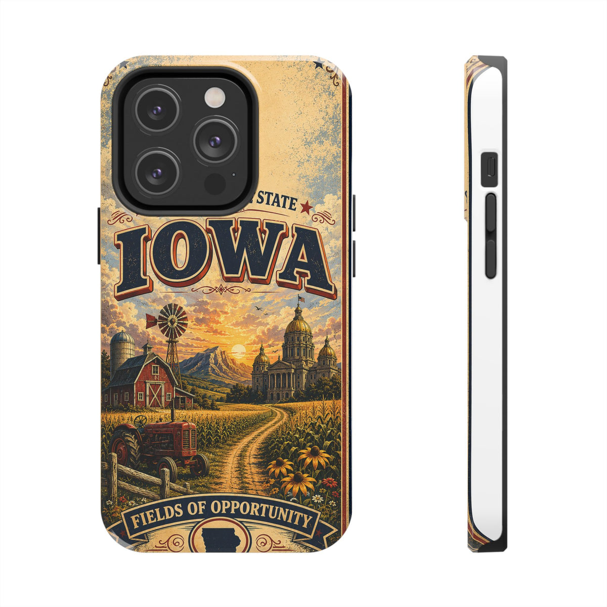 Iowa Hawkeye State Faux Patchwork Phone Case – Vintage Travel Poster Style Iowa Souvenir Cover for iPhone & Samsung