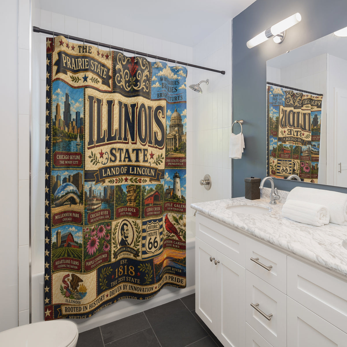 Illinois Shower Curtain, Land of Lincoln Decor, Chicago Route 66 Faux Patchwork, Prairie State Bathroom Decor