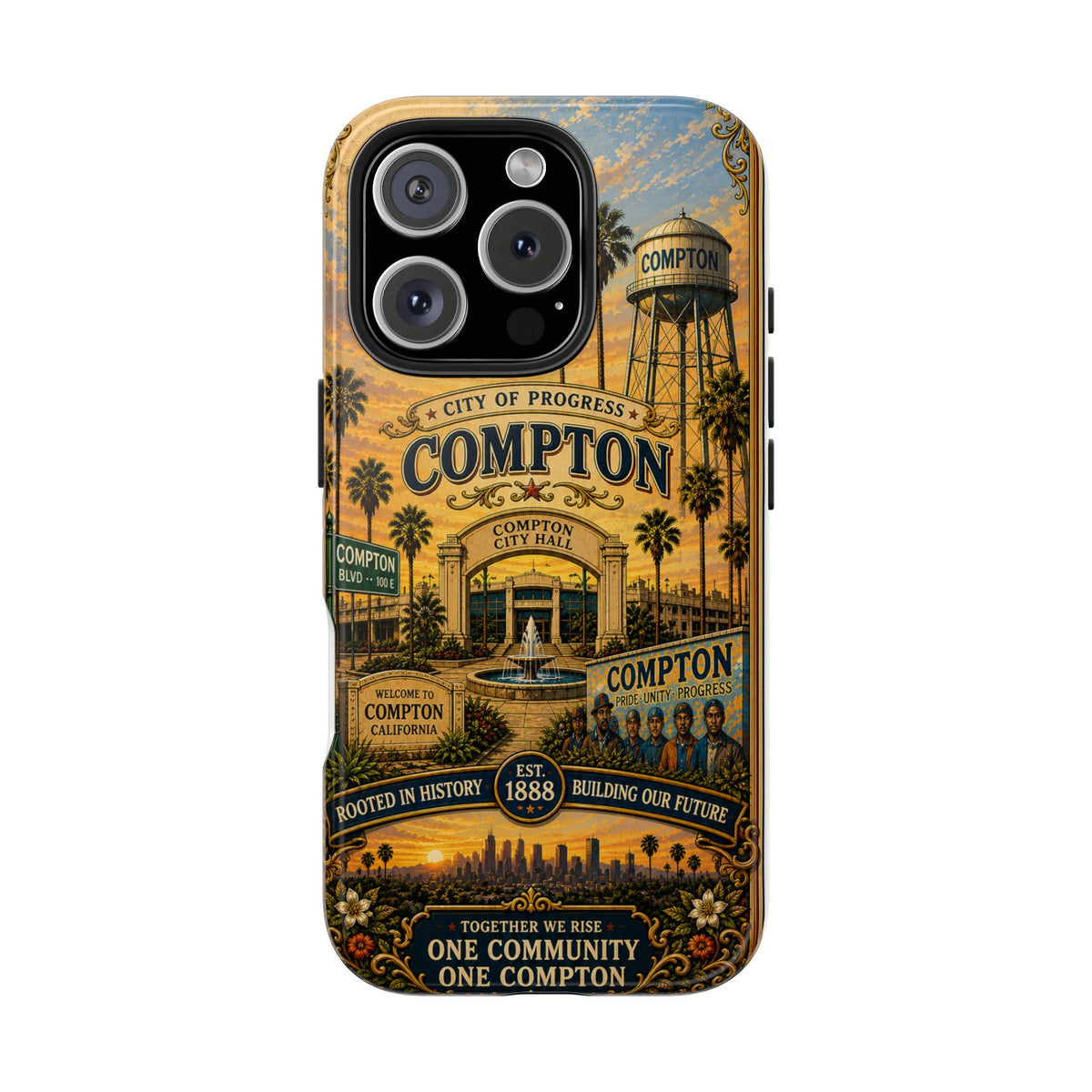 Compton Heritage Tough PhoCompton California Vintage Travel Phone Case City of Progress Retro Skyline Landmark Coverne Case — "One Community, One Compton" Vintage City Design