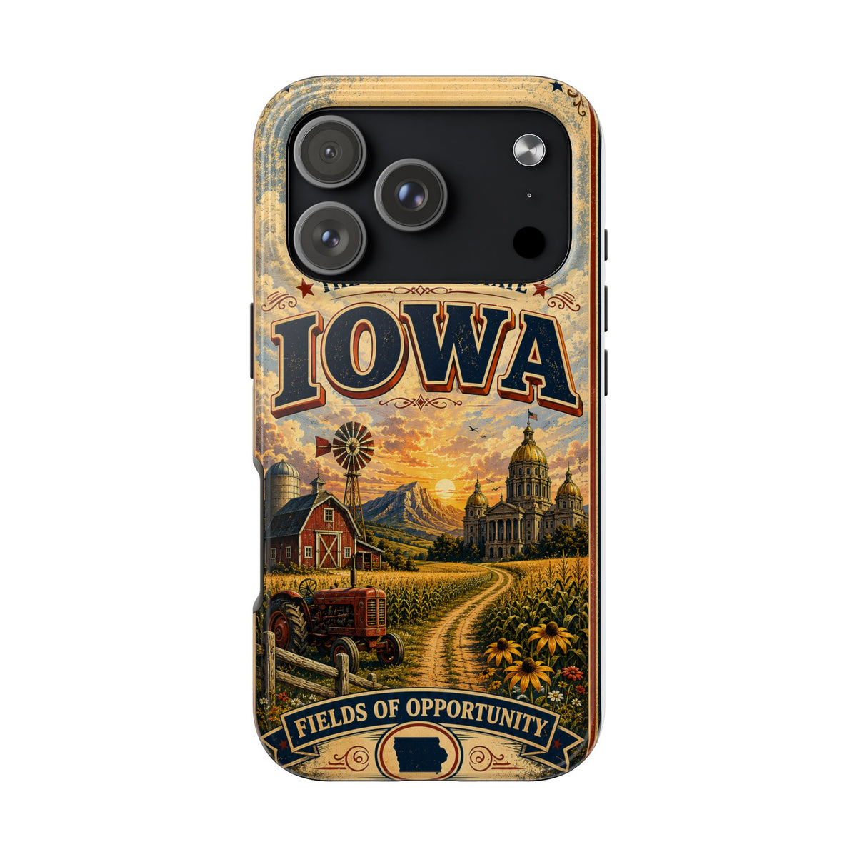 Iowa Hawkeye State Faux Patchwork Phone Case – Vintage Travel Poster Style Iowa Souvenir Cover for iPhone & Samsung