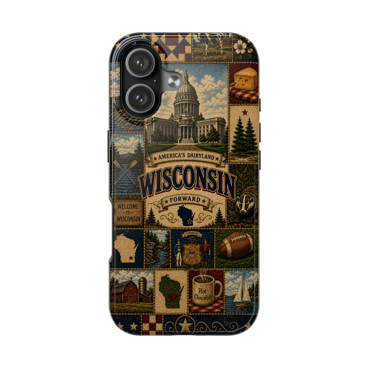 Wisconsin Faux Patchwork Phone Case Americas Dairyland Retro Barn Lighthouse Forward State Pride Cover