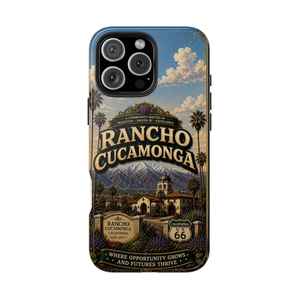 Rancho Cucamonga Where Opportunity Grows Faux Patchwork Phone Case – Route 66 Vintage Travel Art Cover