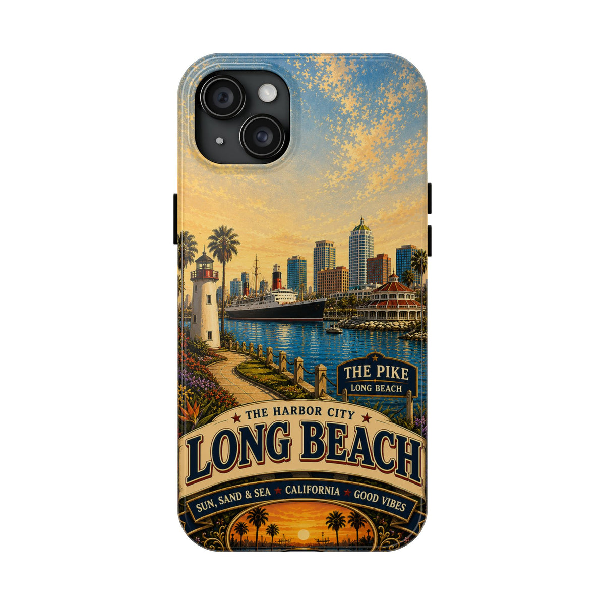 Long Beach Faux Patchwork Phone Case – Harbor City Coastal Retro Art, California Sunset Waterfront Cover