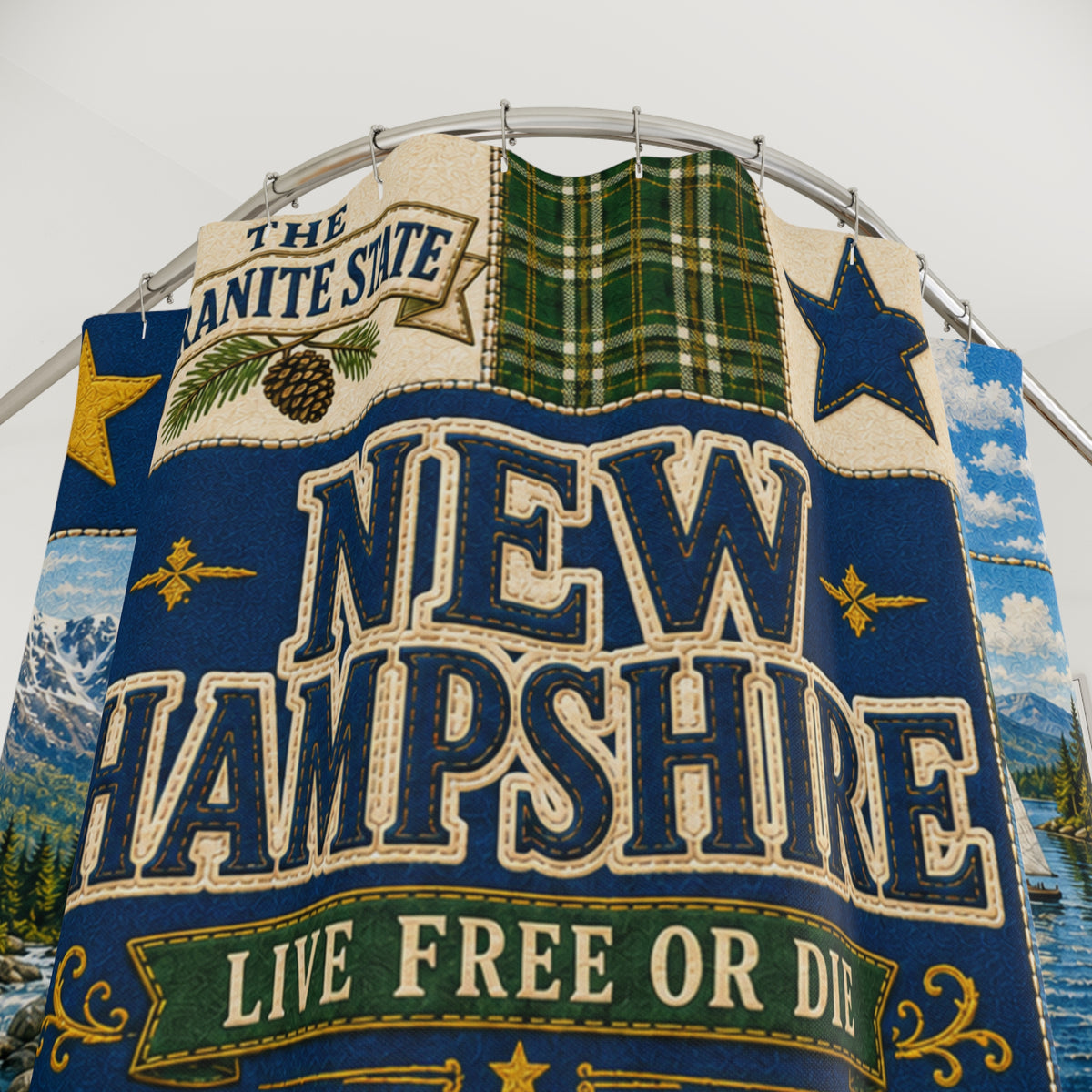 New Hampshire Shower Curtain Live Free or Die Faux Patchwork Granite State Mountain Lake Rustic Americana Bathroom Decor