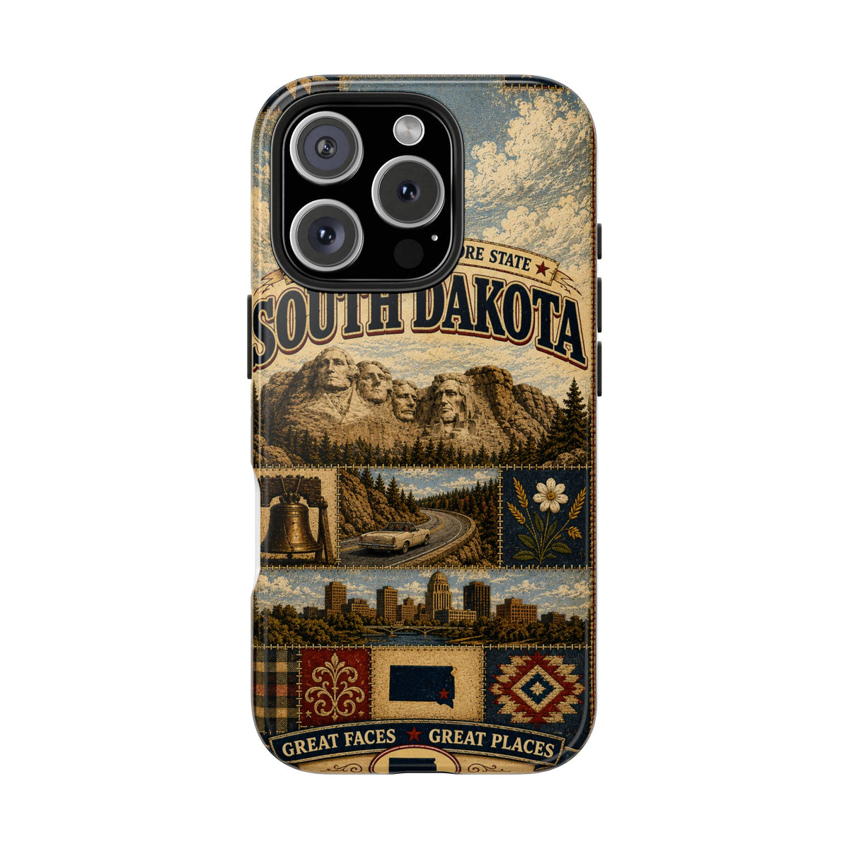 South Dakota Faux Patchwork Phone Case Mount Rushmore State Retro Bison Scenic Road State Pride Cover