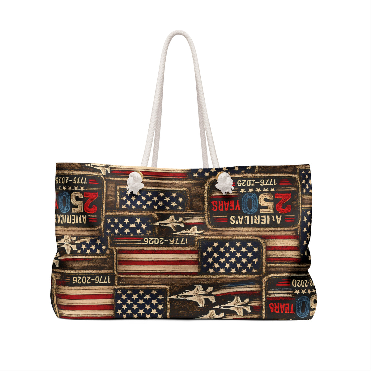 America's 250 Years Patriotic Fighter Jets Weekender Bag Faux Patchwork American Flag Travel Tote 1776-2026