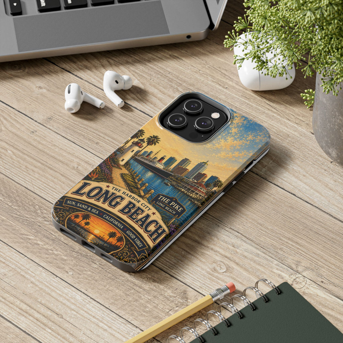 Long Beach Faux Patchwork Phone Case – Harbor City Coastal Retro Art, California Sunset Waterfront Cover
