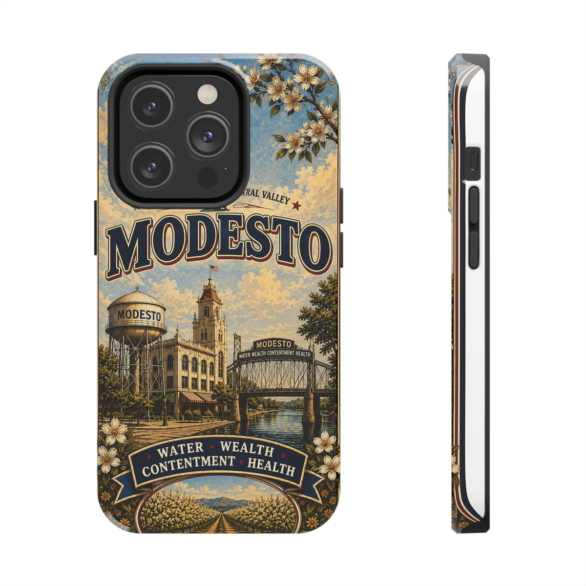 Modesto Faux Patchwork Phone Case – Central Valley Heritage Retro Travel Art, Orchard & Waterfront Cover