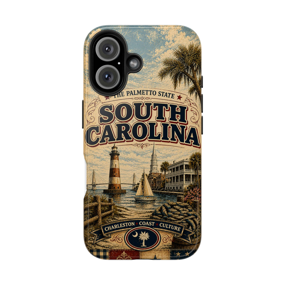 South Carolina Faux Patchwork Phone Case Palmetto State Retro Charleston Coastal Lighthouse State Pride Cover