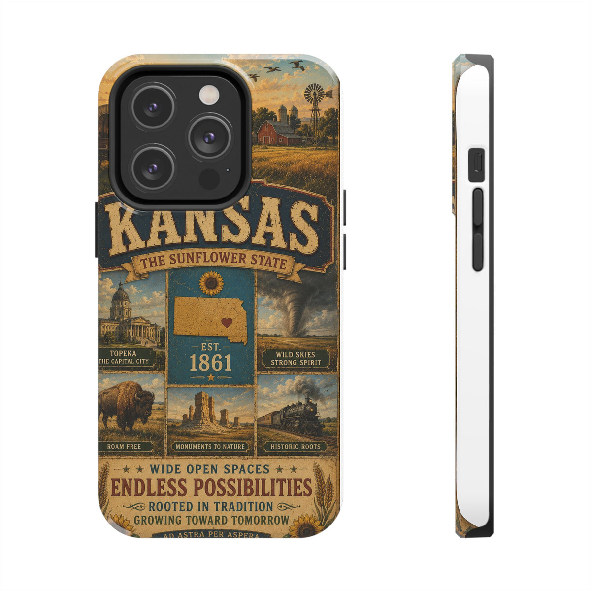 Kansas Faux Patchwork Phone Case – The Sunflower State Vintage Travel Poster Retro State Pride Cover Est 1861 for iPhone & Samsung