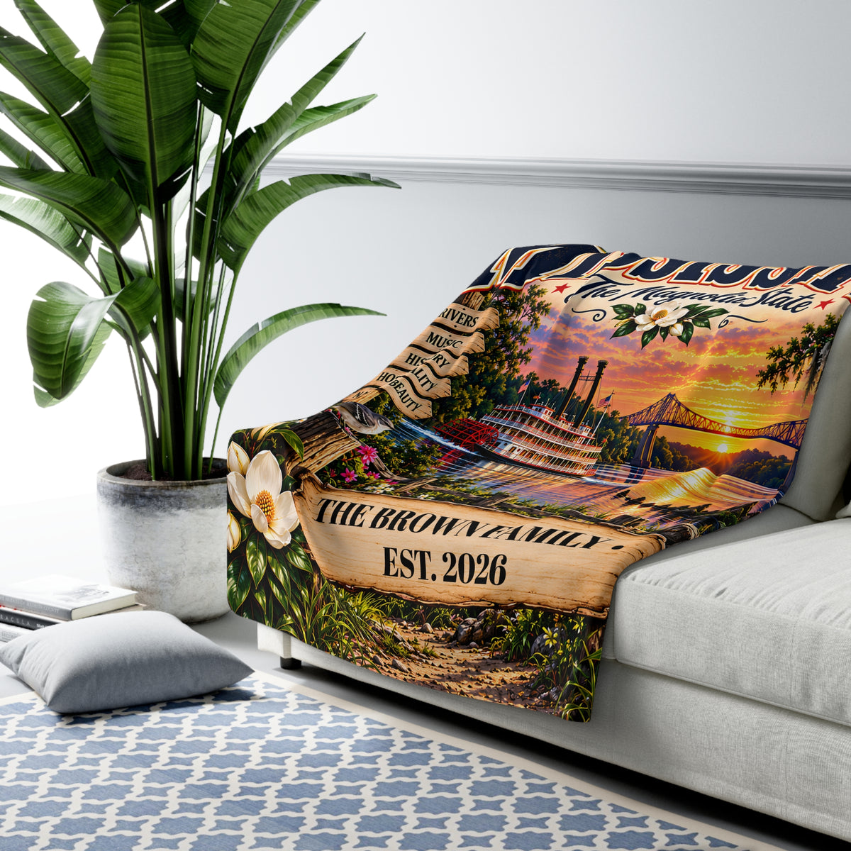 Mississippi Personalized Sherpa Fleece Blanket, Magnolia State Southern Roots Landmarks Custom Family Name Gift