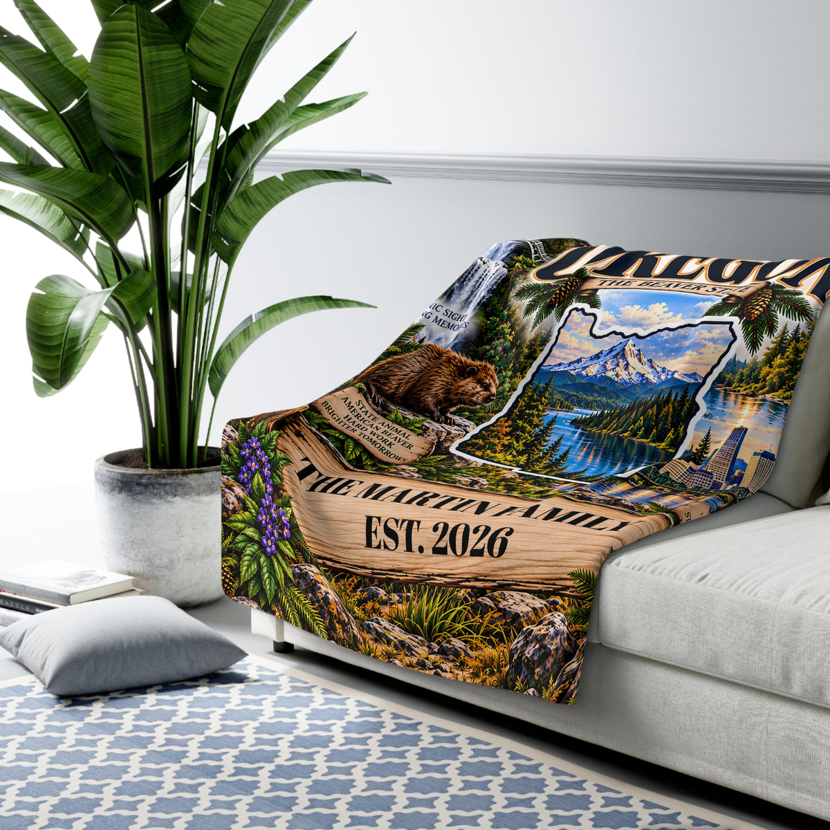 Oregon Personalized Sherpa Fleece Blanket, Mount Hood Coast Waterfalls Evergreen Forests