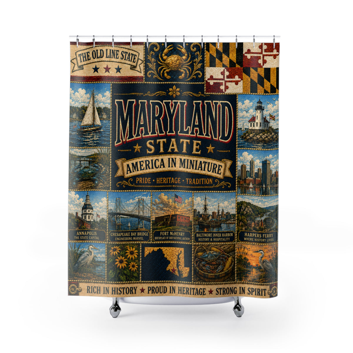Maryland Shower Curtain, Chesapeake Bay Decor, Old Line State Faux Patchwork, Coastal Landmark Bathroom Decor