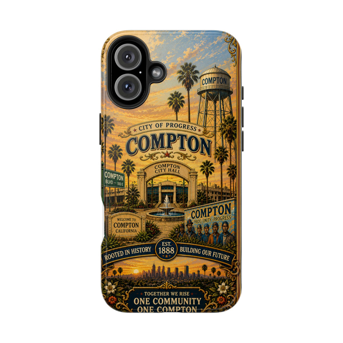Compton Heritage Tough PhoCompton California Vintage Travel Phone Case City of Progress Retro Skyline Landmark Coverne Case — "One Community, One Compton" Vintage City Design