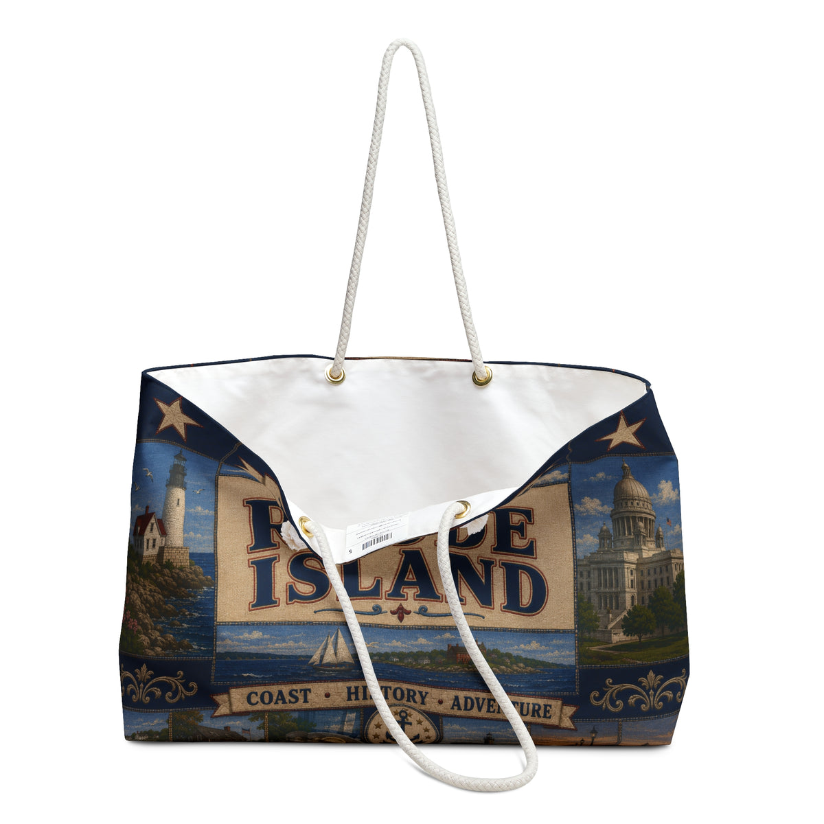 Rhode Island Weekender Bag Ocean State Faux Patchwork Travel Tote Coastal Lighthouse Beach Vacation Souvenir Gift