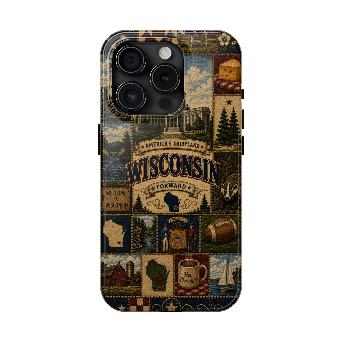 Wisconsin Faux Patchwork Phone Case Americas Dairyland Retro Barn Lighthouse Forward State Pride Cover