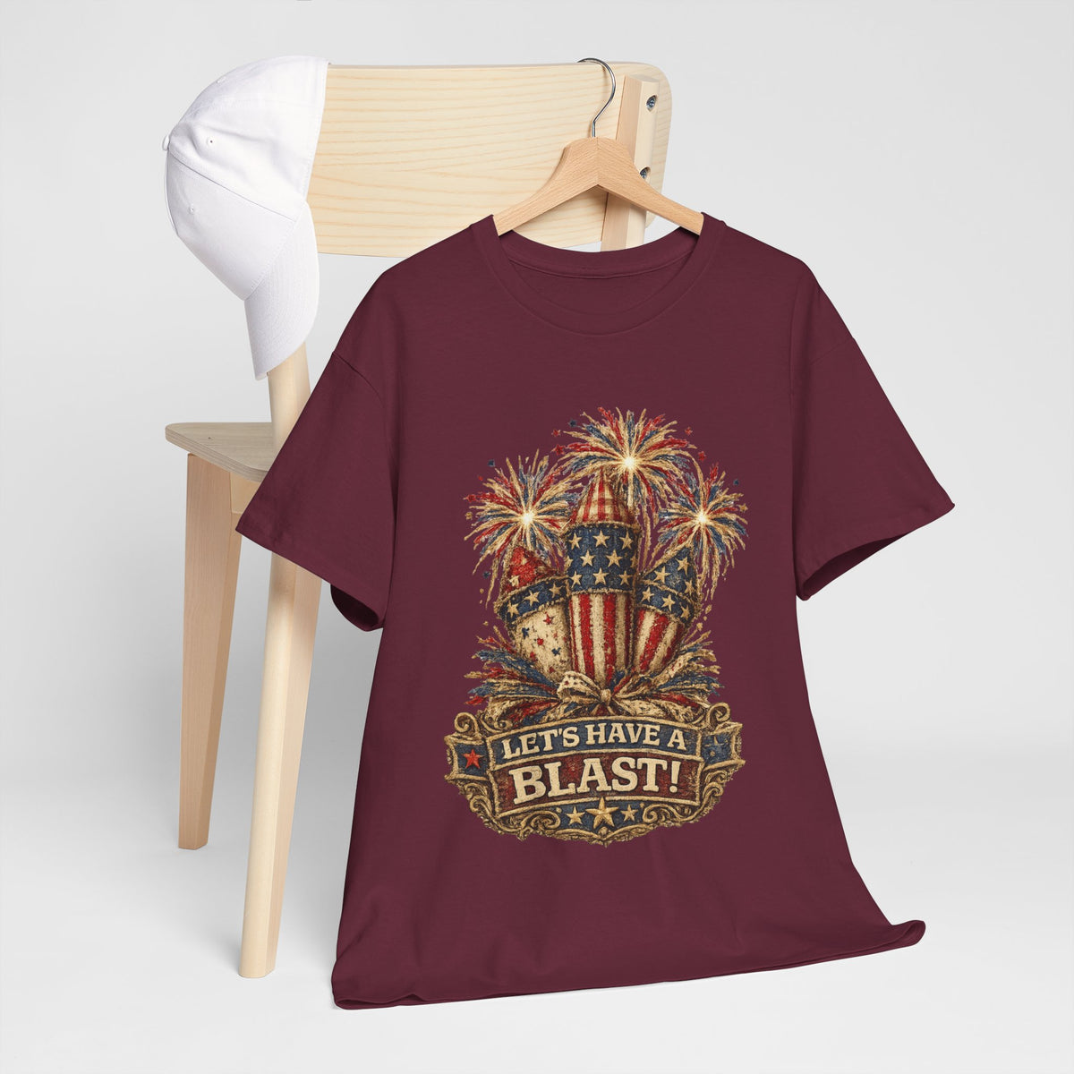 T-Shirt — "Let's Have a Blast!" American Flag Fireworks 4th of July Tee