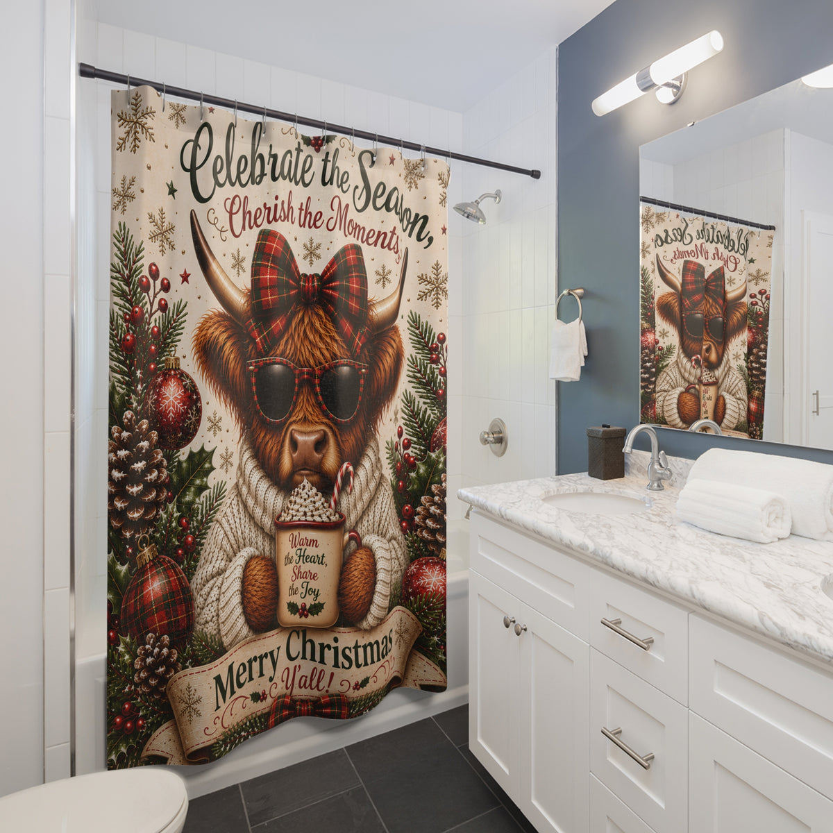 Highland Cow Christmas Shower Curtain Merry Christmas Hot Cocoa Plaid Bow Rustic Farmhouse Holiday Bathroom Decor