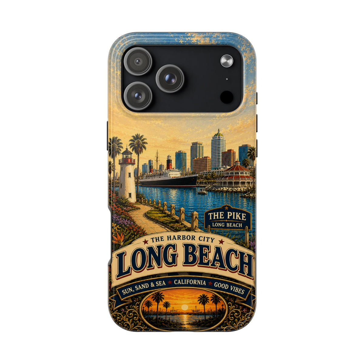 Long Beach Faux Patchwork Phone Case – Harbor City Coastal Retro Art, California Sunset Waterfront Cover