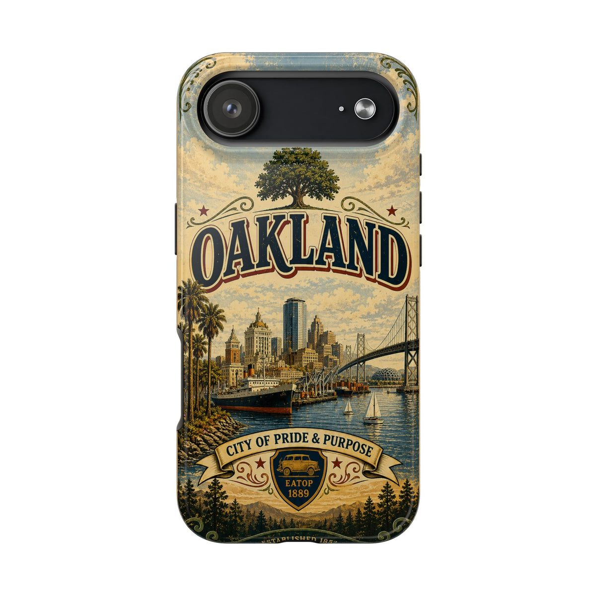 Oakland Bay Heritage Faux Patchwork Phone Case – City of Pride & Purpose Vintage Skyline Art Cover