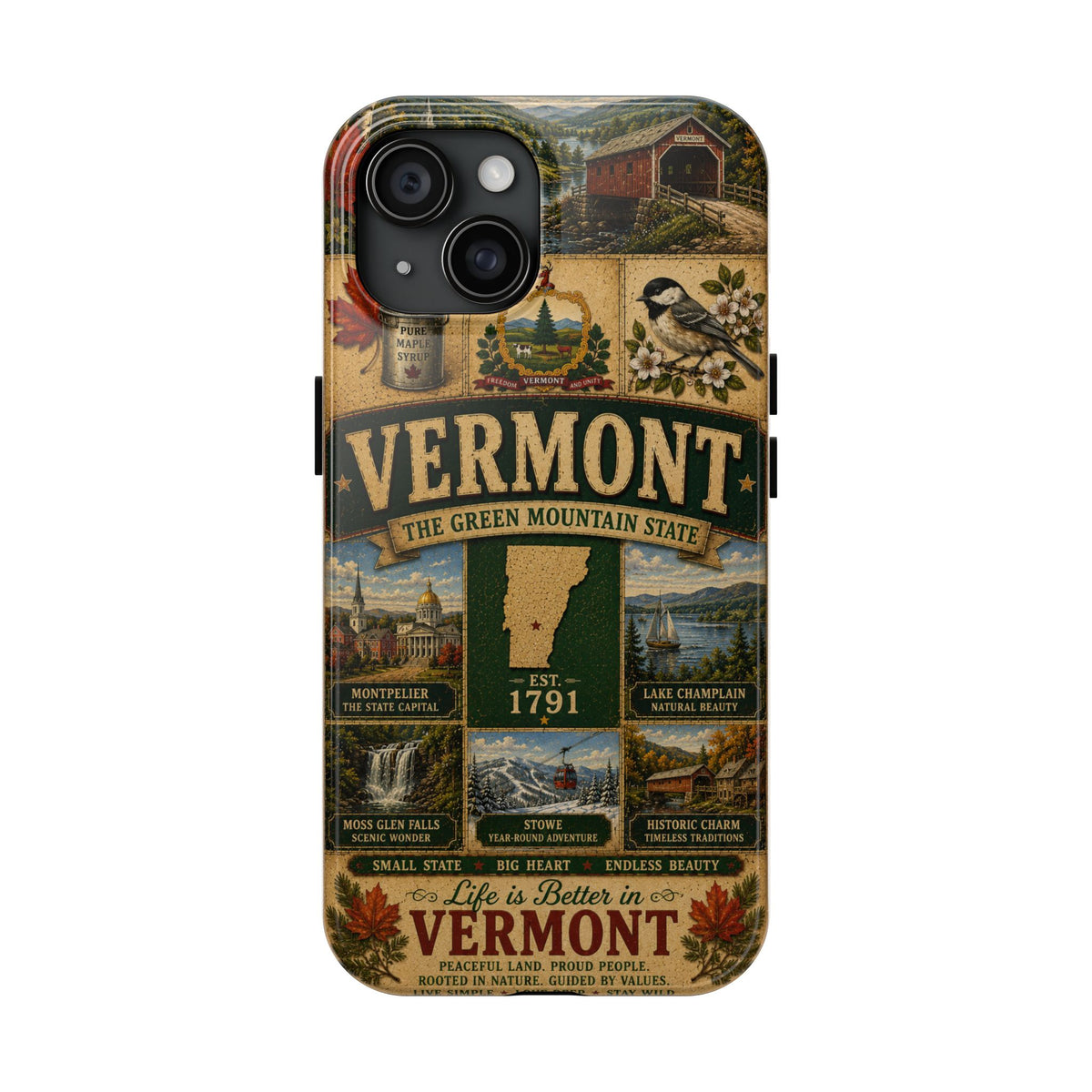 Vermont Faux Patchwork Phone Case The Green Mountain State Vintage Travel Poster Retro State Pride Cover Est 1791