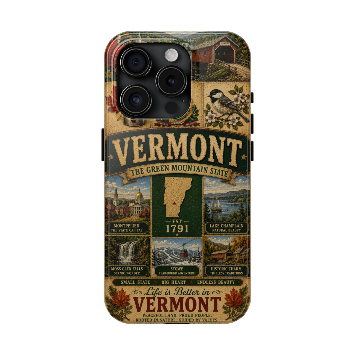 Vermont Faux Patchwork Phone Case The Green Mountain State Vintage Travel Poster Retro State Pride Cover Est 1791