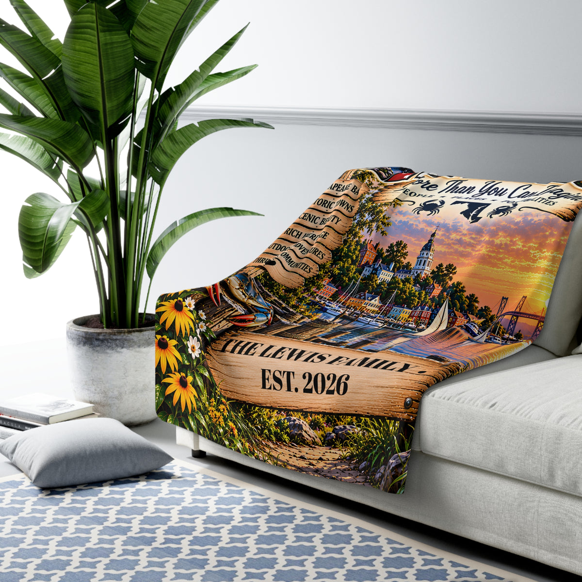 Maryland Personalized Sherpa Fleece Blanket, Chesapeake Bay Coastal Heritage Custom Family Name Gift