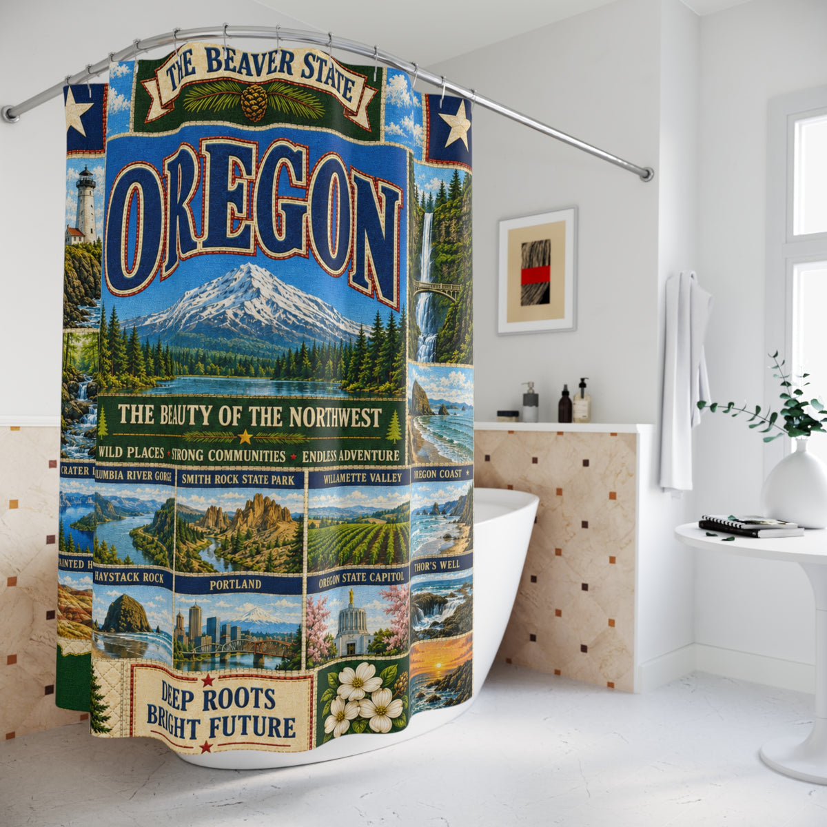 Oregon Shower Curtain Beaver State Faux Patchwork Pacific Northwest Mountains Coast Scenic Landmarks Rustic Bathroom Decor