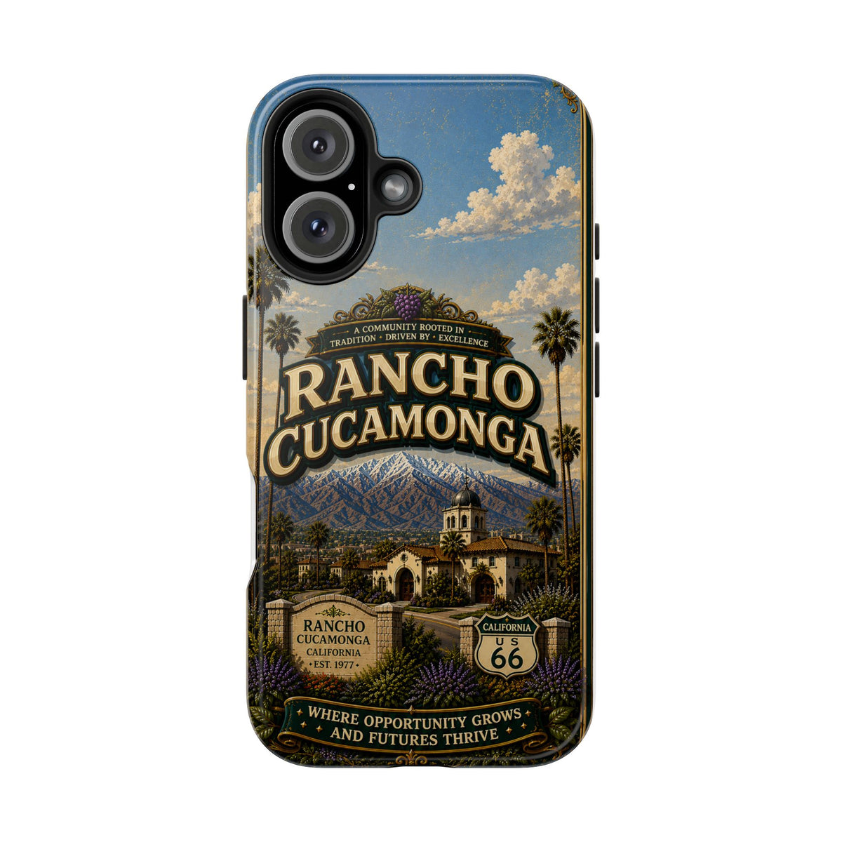 Rancho Cucamonga Where Opportunity Grows Faux Patchwork Phone Case – Route 66 Vintage Travel Art Cover