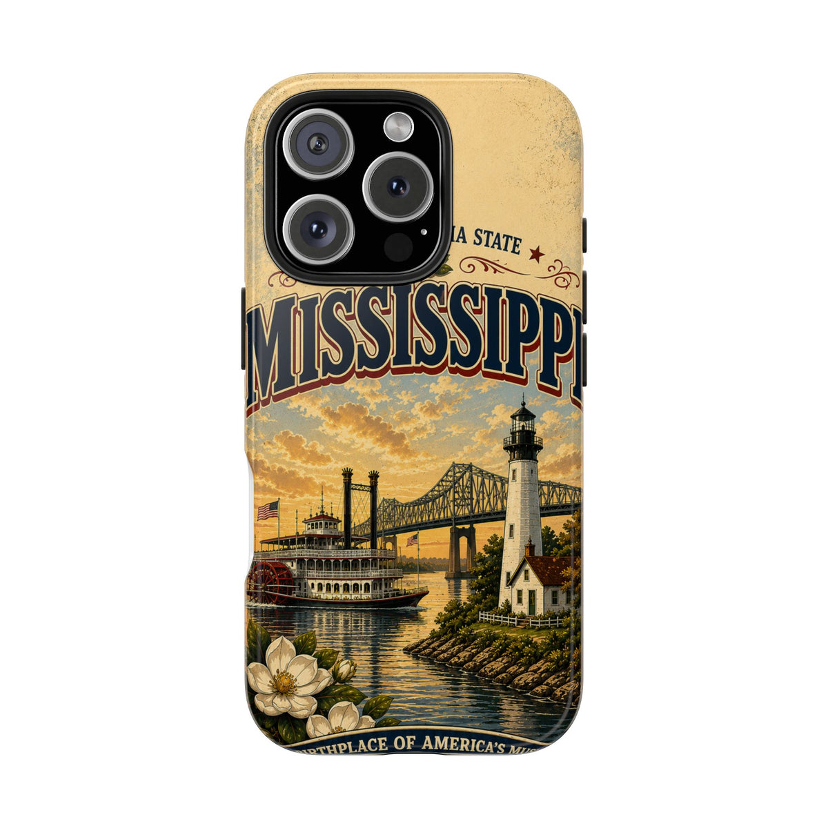 Mississippi Magnolia State Faux Patchwork Phone Case – Vintage Travel Poster Riverboat Lighthouse Design for iPhone & Samsung