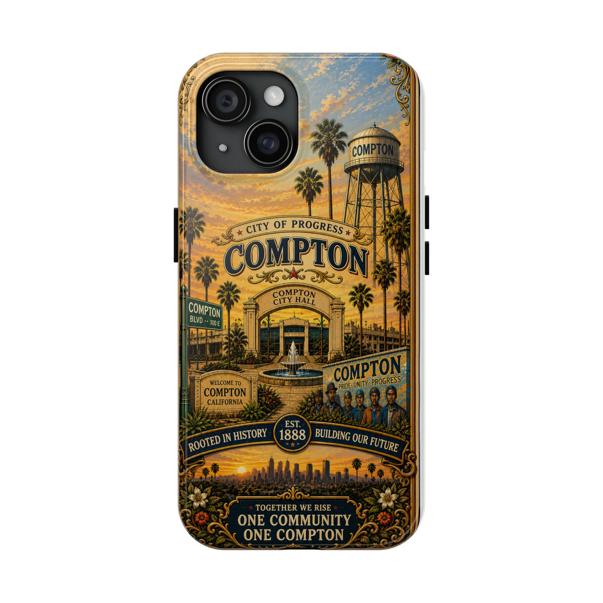 Compton Heritage Tough PhoCompton California Vintage Travel Phone Case City of Progress Retro Skyline Landmark Coverne Case — "One Community, One Compton" Vintage City Design