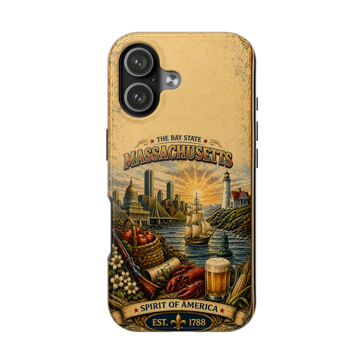 Massachusetts Bay State Faux Patchwork Phone Case – Vintage Travel Poster Style New England Souvenir Cover for iPhone & Samsung
