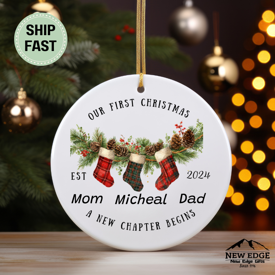 Our First Christmas Ornament EST 2024 – Family of Three Personalized Ornament – Mom, Dad & Child Keepsake – A New Chapter Begins