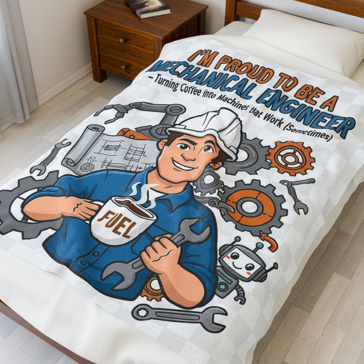 Mechanical Engineer Velveteen Blanket – Funny Coffee & Machines Cozy Gift Throw