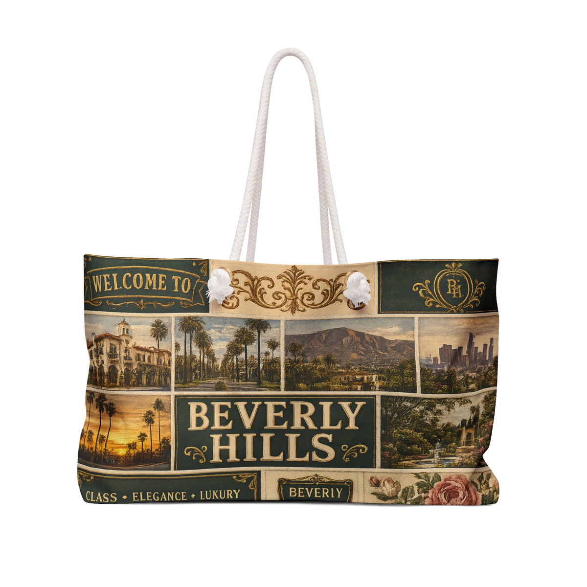 Beverly Hills California Weekender Bag Class Elegance Luxury Faux Patchwork Travel Tote Rodeo Drive Chic Getaway Gift