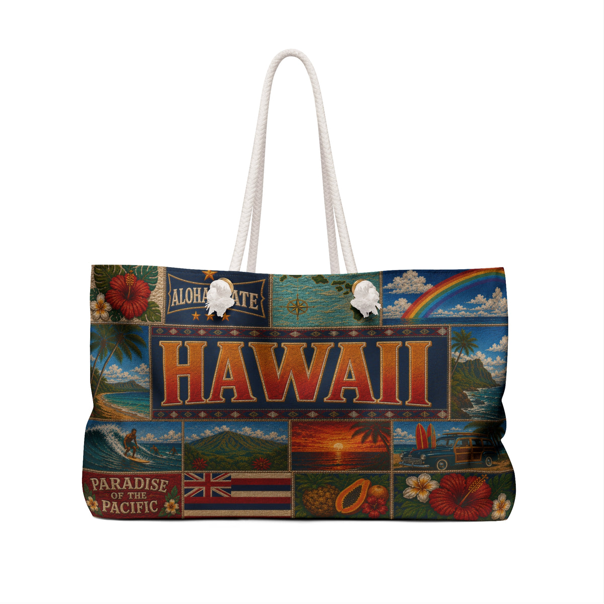 Hawaii Weekender Bag Aloha State Faux Patchwork Travel Tote Paradise of the Pacific Vintage Island Souvenir Gift