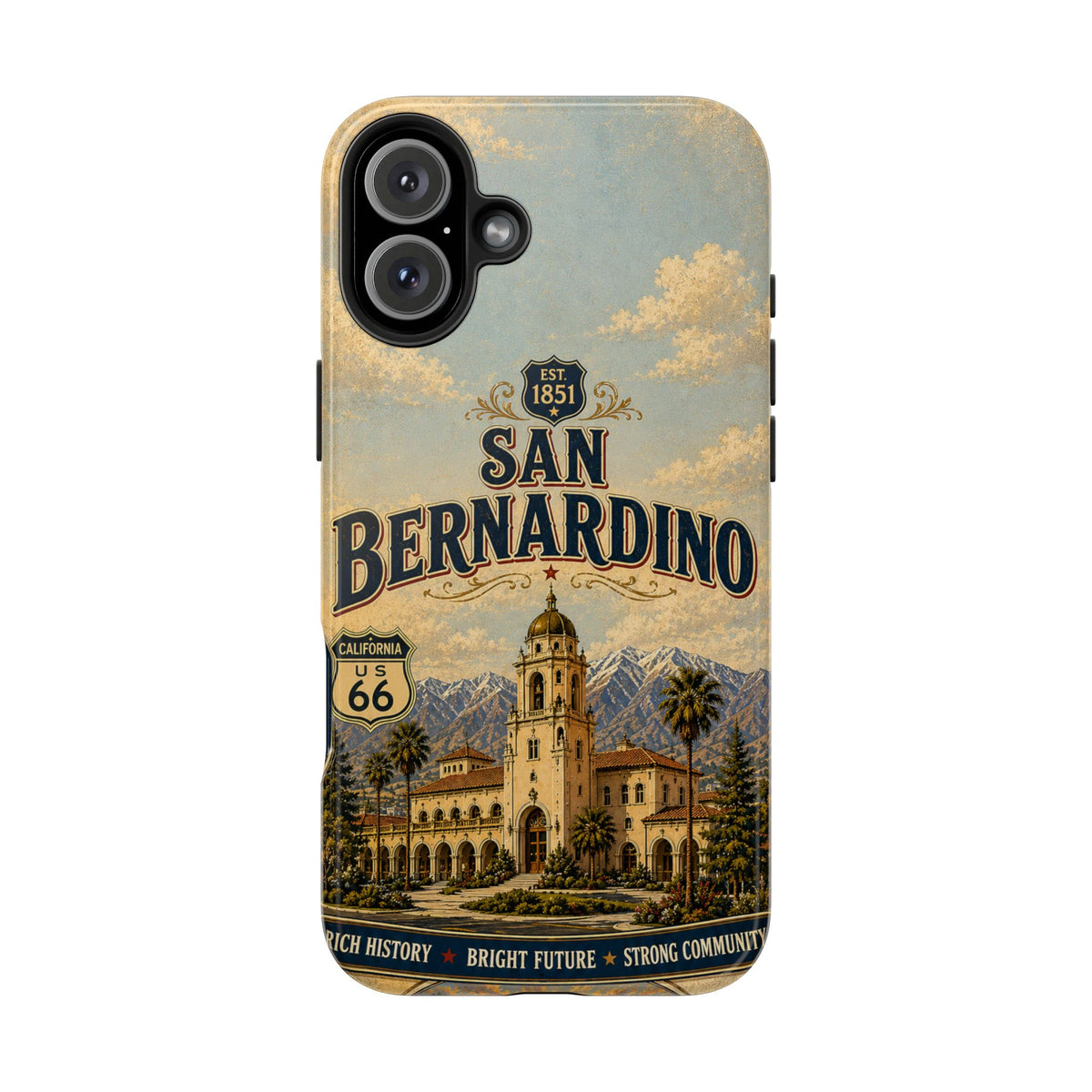 San Bernardino Route 66 Faux Patchwork Phone Case Vintage California Travel Poster Mountain Landmark Cover